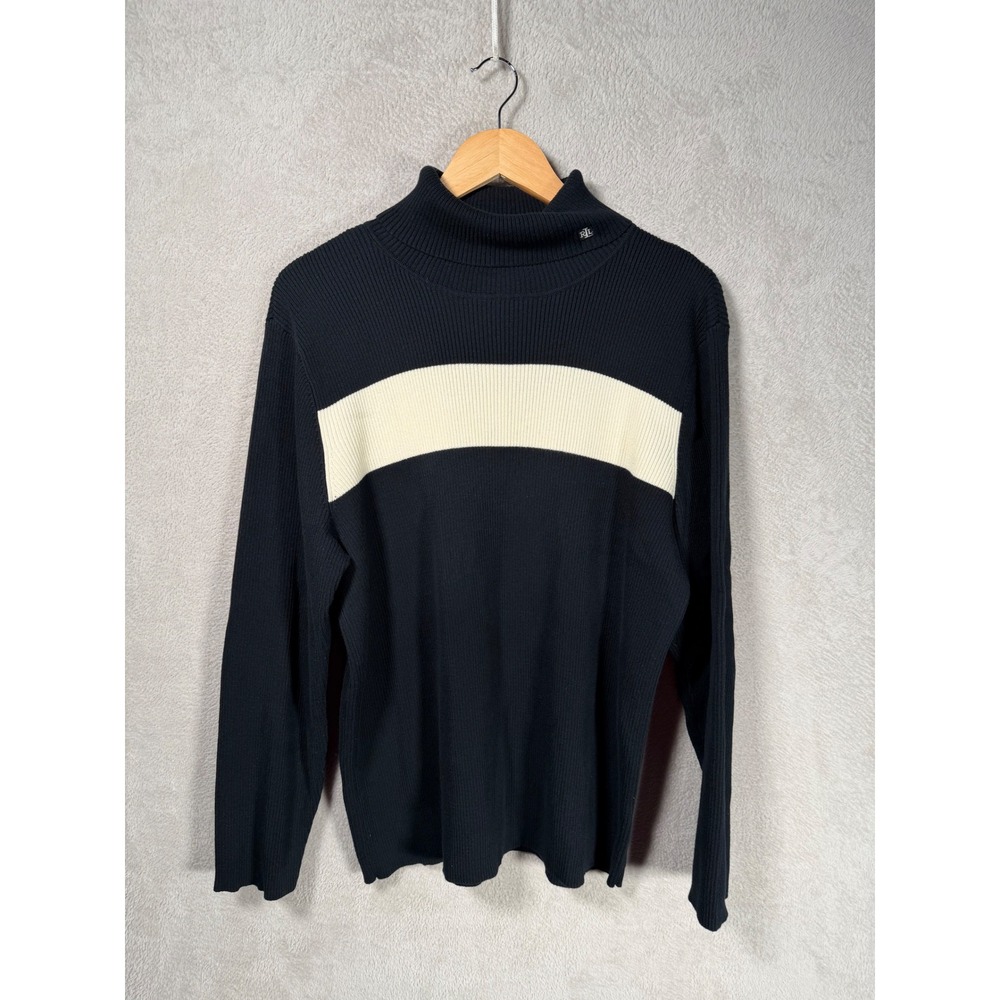 Lauren Ralph Lauren Black White Striped Ribbed Turtleneck Sweater 3X RL Logo
